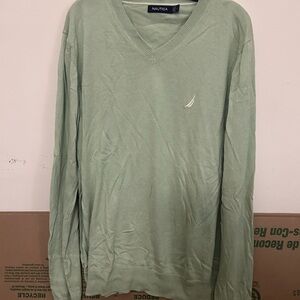 Nautica Mens V Neck Sweater Long Sleeve Sage Green Classic Casual Pullover‎